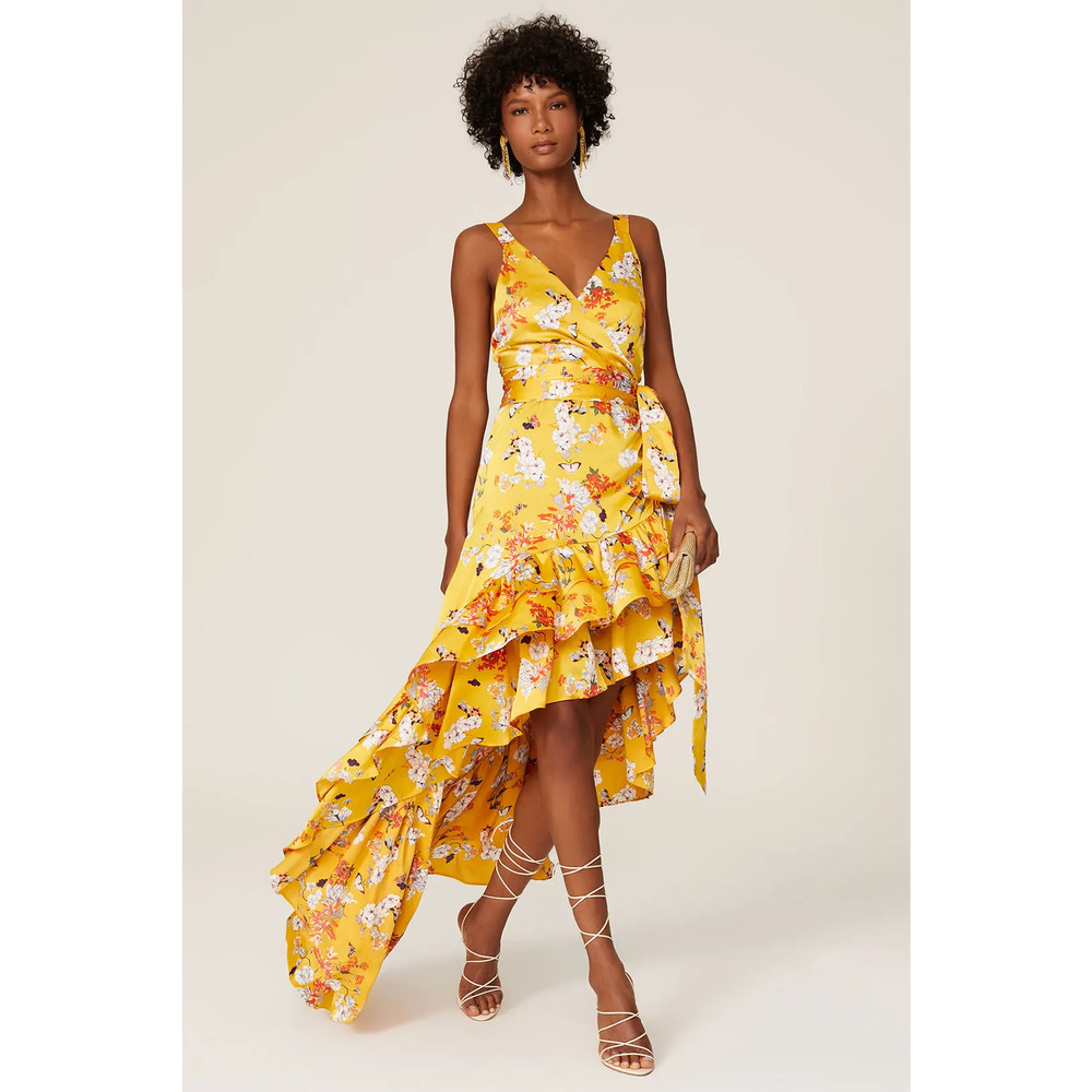 Bronx & Banco Narciss Floral V-Neck Ruffle Trim Maxi Wrap Dress Yellow Womens M